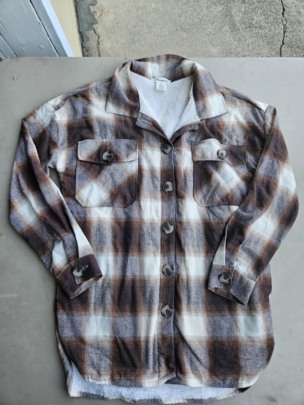 Brown & Cream Plaid Button-Up Jacket - Fleece Lined